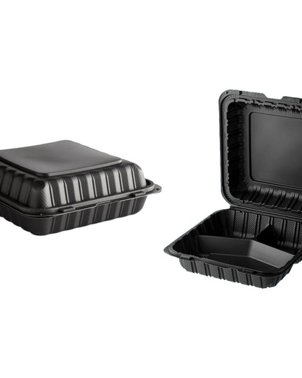 BLACK CONTAINER PLASTIC HINGED 9 X 9 3 COMP. 150/CS