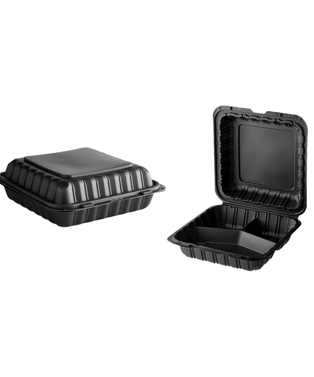 BLACK CONTAINER PLASTIC HINGED 9 X 9 3 COMP. 150/CS