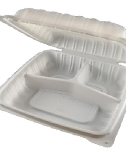 WHITE CONTAINER PLASTIC HINGED 9 X 9 3 COMP. 150/CS