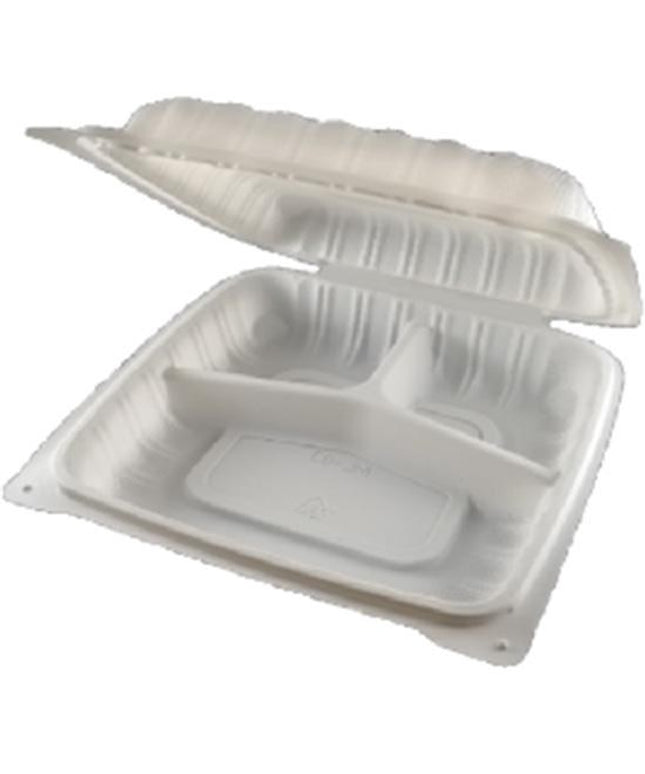 WHITE CONTAINER PLASTIC HINGED 9 X 9 3 COMP. 150/CS