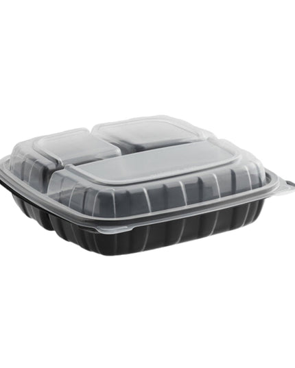 CONT.  HINGED10.5X9.5X3.2 BLACK BASE CLEAR LID 3 COMP. 100/CS
