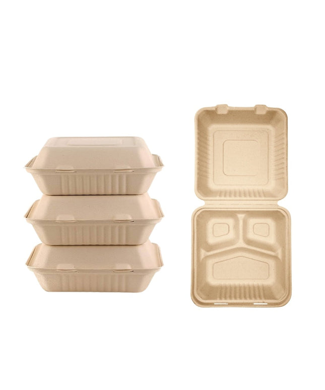 CONTNER HNGD COMPOSTABLE BAGASSE 9X9 3 COMP. 200/CS.