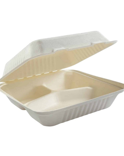 9 X 9" 3 COMP COMPOSTABLE HINGED WHITE CONTAINER 200/CS