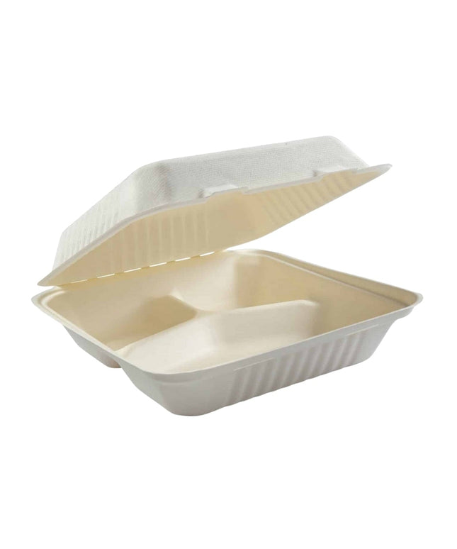 9 X 9" 3 COMP COMPOSTABLE HINGED WHITE CONTAINER 200/CS