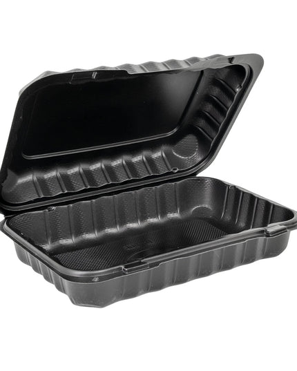 9" X 6" X 2.25" BLACK PLASTIC HINGED CONTAINER 1 COMP 150/CS
