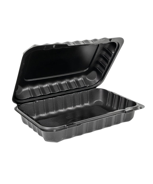 9" X 6" X 2.25" BLACK PLASTIC HINGED CONTAINER 1 COMP 150/CS