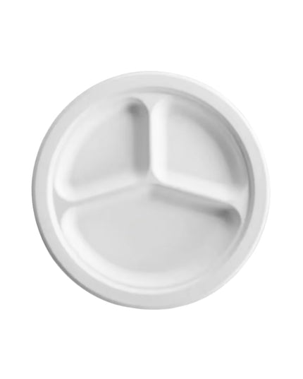 9" SUGARCANE WHITE ROUND PLATE 3 COMP 500/CS