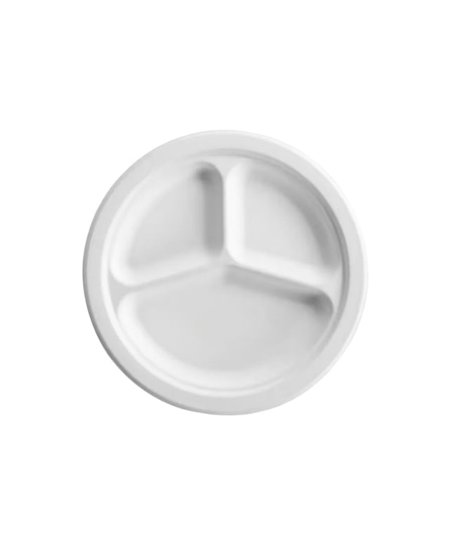 9" SUGARCANE WHITE ROUND PLATE 3 COMP 500/CS