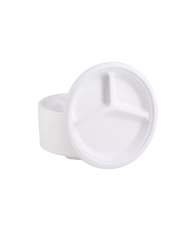10" SUGARCANE WHITE ROUND PLATE 3 COMP 500/CS