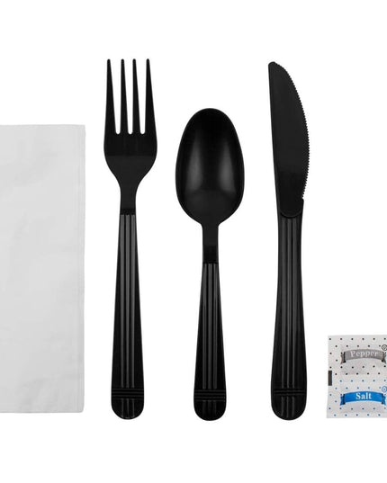 CUTLERY KITS BLK (spoon fork knife napkin salt pepper 250/CS)