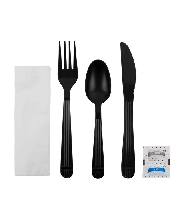 CUTLERY KITS BLK (spoon fork knife napkin salt pepper 250/CS)